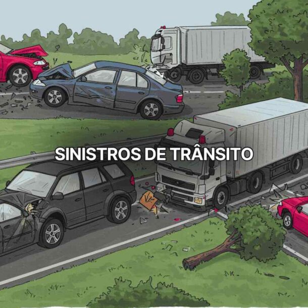Imagem ilustrativa evidenciando diferentes siniostros de trânsito: colisões, capotamentos, quedas etc.