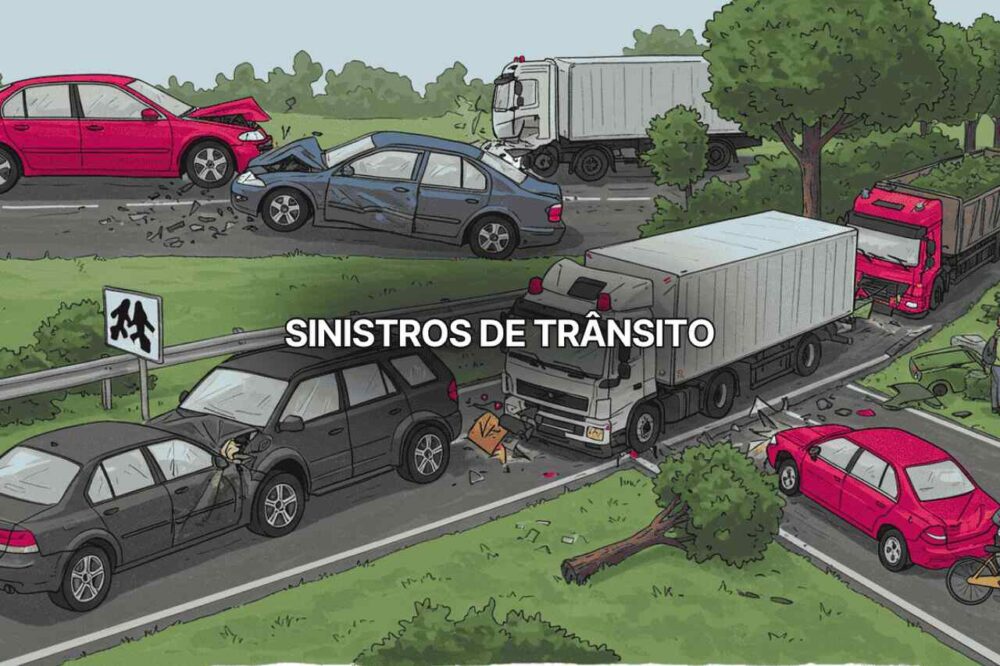 Imagem ilustrativa evidenciando diferentes siniostros de trânsito: colisões, capotamentos, quedas etc.