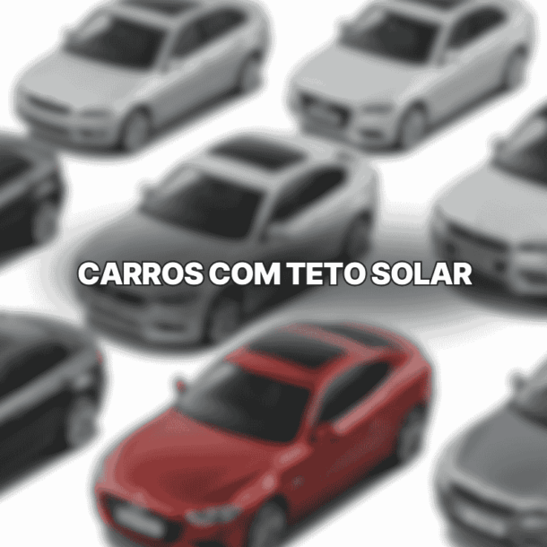 Imagem com diversos carros modernos de diferentes cores, incluindo vermelho, preto e prata, todos equipados com teto solar panorâmico, vista superior, destacando design elegante.