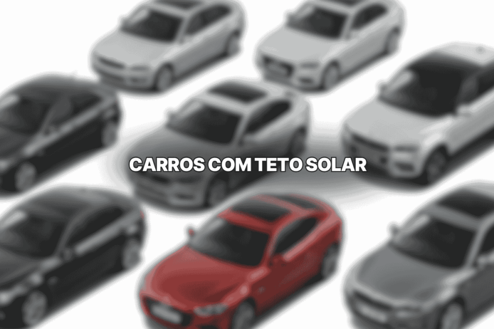 Imagem com diversos carros modernos de diferentes cores, incluindo vermelho, preto e prata, todos equipados com teto solar panorâmico, vista superior, destacando design elegante.