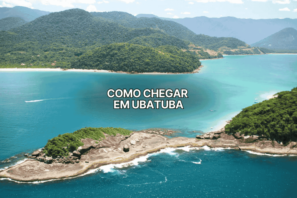 Vista aérea de Ubatuba com mar azul cristalino, ilhas verdes e montanhas ao fundo, ilustrando guia sobre como chegar em Ubatuba.