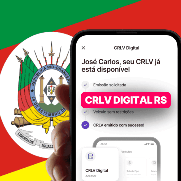Tela de celular exibe notificação do aplicativo CRLV Digital com a mensagem "José Carlos, seu CRLV já está disponível", sobreposta à bandeira do Rio Grande do Sul, simbolizando a emissão do CRLV Digital RS com sucesso.