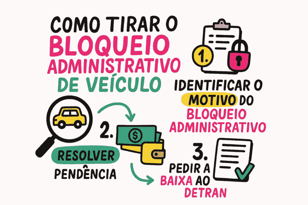 Infográfico colorido explicando como tirar o bloqueio administrativo de veículo, com três passos: identificar o motivo do bloqueio, resolver a pendência e pedir a baixa ao Detran.
