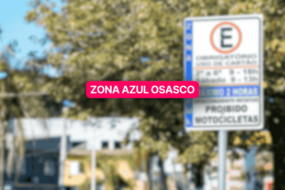 Placa de regulamentação da Zona Azul em Osasco, destacando regras de estacionamento com tempo limitado, exigência de cartão e proibição para motocicletas, com a legenda “Zona Azul Osasco” em destaque central.