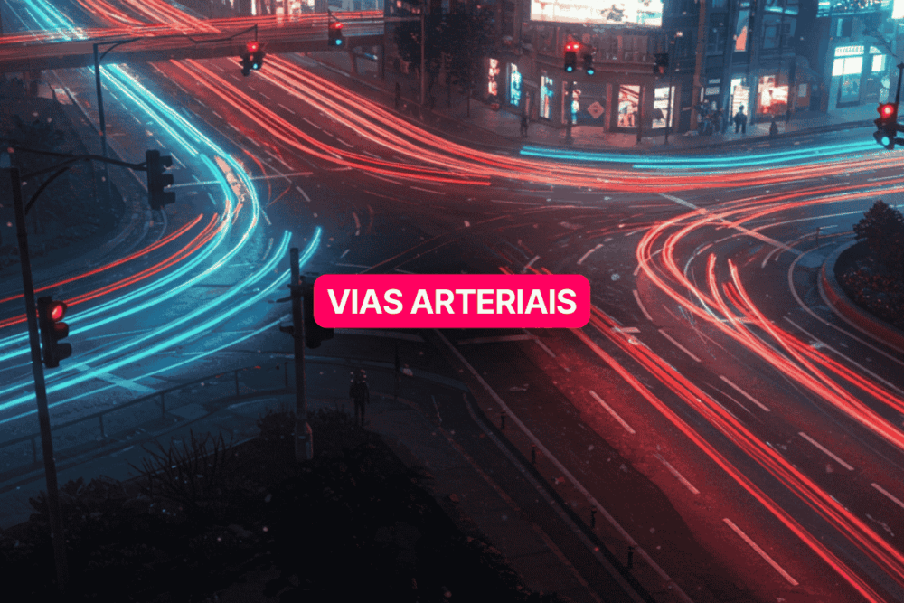 Cruzamento urbano movimentado à noite com vias arteriais destacadas por rastros de luz azul e vermelha, simulando fluxo intenso de veículos em uma cidade futurista iluminada por painéis e semáforos.
