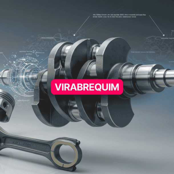 Imagem em close-up de um virabrequim automotivo com design detalhado em 3D, acompanhado de pistões e bielas metálicas ao fundo. O virabrequim é responsável por converter o movimento linear dos pistões em rotação no motor.
