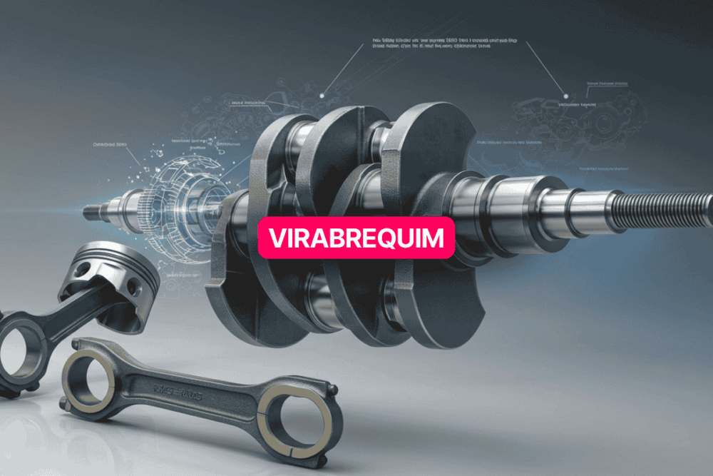 Imagem em close-up de um virabrequim automotivo com design detalhado em 3D, acompanhado de pistões e bielas metálicas ao fundo. O virabrequim é responsável por converter o movimento linear dos pistões em rotação no motor.