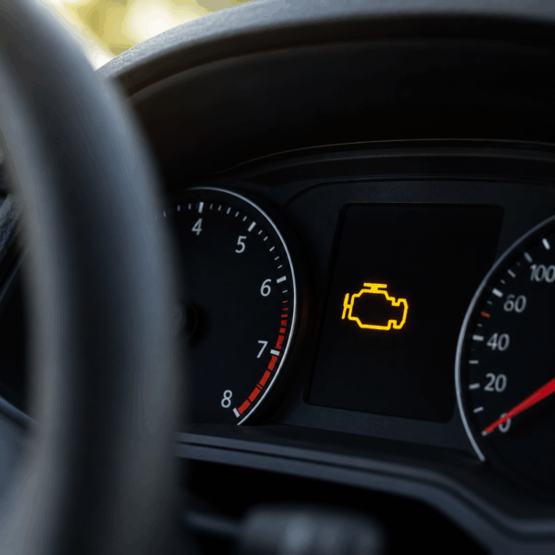 Painel do carro com luz da injeção acesa em alerta amarelo