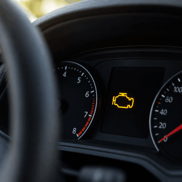Painel do carro com luz da injeção acesa em alerta amarelo