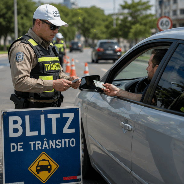Agente de trânsito conferindo documentos de motorista durante blitz de trânsito