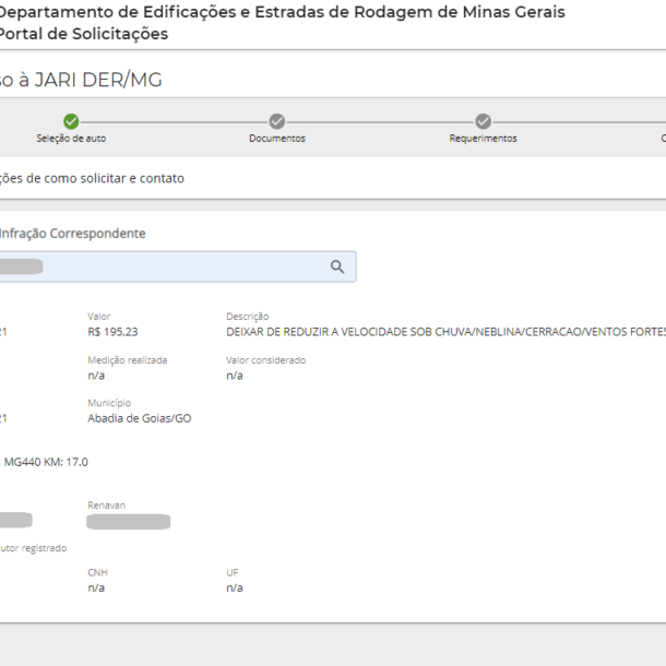 Tela do sistema online para cadastrar recurso de multa à JARI.