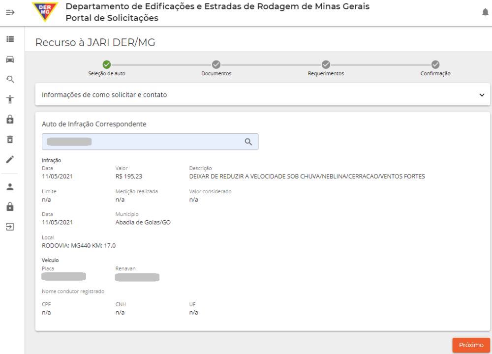 Tela do sistema online para cadastrar recurso de multa à JARI.