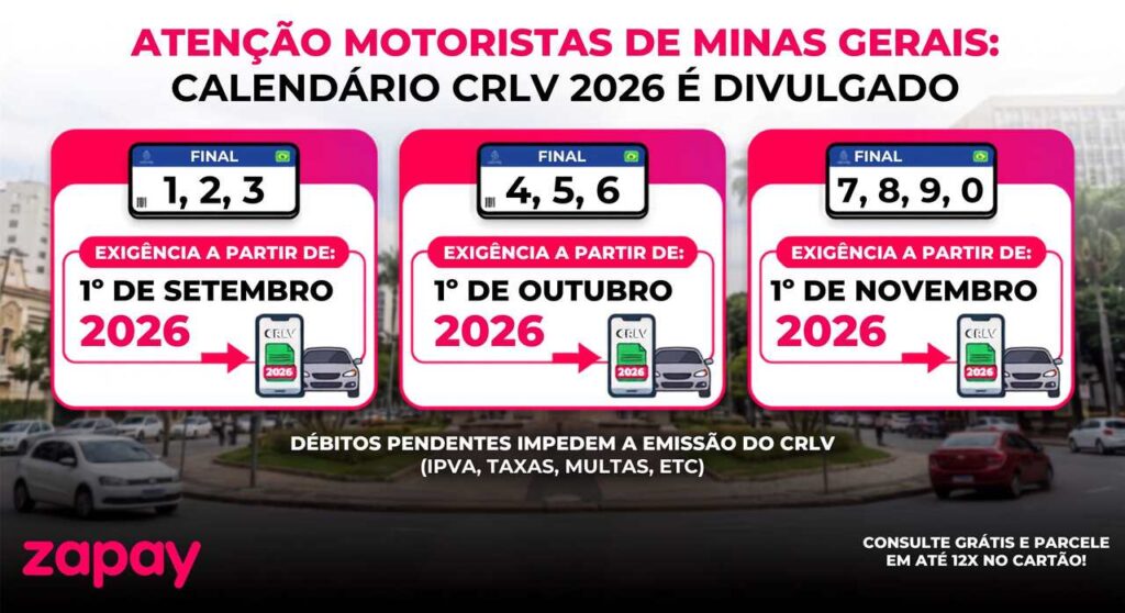 Datas do calendário de exigência do CRLV 2026 MG.