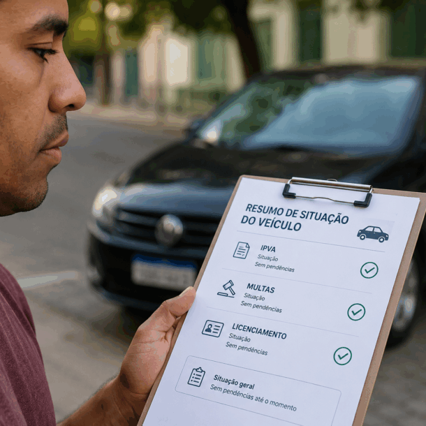Pessoa consultando débitos de veículo pela placa e pelo Renavam no celular