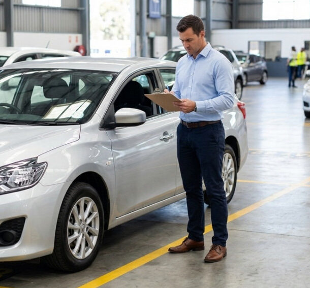 Profissional avaliando carro de leilão antes da contratação do seguro