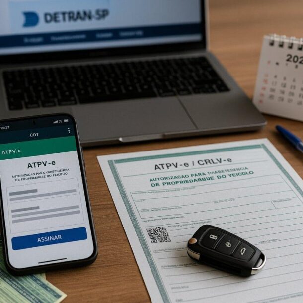 Celular com a ATPV-e, documento e chave do carro durante o processo de transferência de veículo em São Paulo.